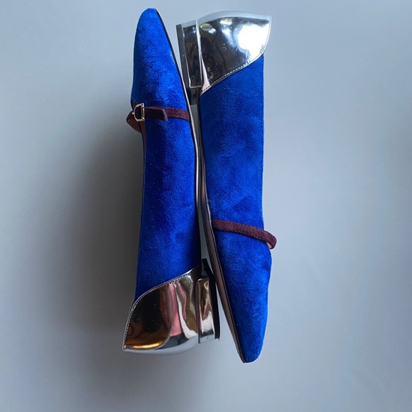 Blue Suede & Metallic Silver Mary Jane Flats - Picture 2 of 5